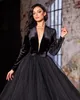 Black Veet Prom Dresses Long Sleeves Deep V Neck Evening Gowns Pleated A Line Tulle Special Ocn Formal Wear 415