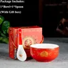 Bowls Chinese Auspicious Tableware Set Red Yellow Ceramic Porcelain Dinnerware Birthday Ramen Soup Rice Bowl Gift For Home Decor