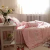 寝具セットピンクプリンセスベッドスプレアズセット韓国の贅沢な結婚式のソリッドカラーレースラッフル布団カバーベッドスカート枕カバー