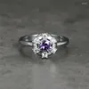 Anéis de casamento charme Cristal roxo Ring anel de floco de neve delicado no engajamento de cor de prata branca zircão pequena pedra redonda para mulheres natal