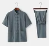 Ethnic Clothing Traditional Chinese Retro Tang Suit Plus Size Short-Sleeved Trousers Set Casual Cotton Linen Homewear Tai Chi