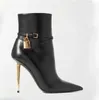 Frauen Mode Herbst und Winter Frauen bare Stiefel Gold Lock Buckle Reißverschluss Stiletto Bootie Marke Design Speced Toes Short Stiefel