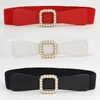 Belts Square Pearl Inlaid Smooth Buckle Elastic Belt Red White Black Women's Dress Shirt Versatile Decor Thin Girdle