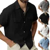 Casual shirts voor heren heren mode top shirt stevige kleur zak met één borsten en linnen korte mouw