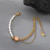 Link Bracelets 18K Real Gold Plated Waterproof And Fade Resistant Simple Cubic Zirconia Natural Freshwater Pearl Stainless Steel Ladies