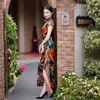 エスニック服中国の伝統的なドレス女性ハイスプリットショートスリーブチョンサムフェムスタンディングカラー印刷ハンフパーティーヴィンテージロング