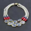 Chains GuaiGuai Jewelry Natural 3 Rows Blue Kyanite Red Coral Real White Pearl Statement Necklace Female