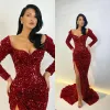 Sexy Dark Red Mermaid Prom Dresses Long Sleeves for Women Plus Size Sweetheart Sequined High Side Split Formal Wear Special Occasion Birthday Evening Gowns Custom