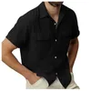 Erkekler Sıradan Gömlek Erkek Moda Üst Gömlek Düz Renk Cep Tek Göğüslü Pamuk ve Keten Kısa Kollu