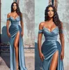 African Dusty Blue Mermaid Evening Dress With Beaded Sexy Sweetheart High Slit Prom Dresses For Black Girl 2023 Night Party Gown Vestidos De Noche Special Occasion