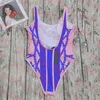 Womens Pink Swimwear Roupa Blue Pattern Bodysuit Bikini clássico de maiô sem costas para mulheres Últimas roupas de banho One Piece