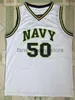 Ed NCAA Mens Vintage Basquete Jerseys USNA College David 50 Robinson Jersey o Almirante Academia Naval Marinha Midshipmen Azul Camisas Brancas