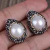 Stud Earrings 1 Inch Classic Water Tear Drop Charm Pave Golden Black Rhinestone Natural Freshwater Pearl Beads Women For Gift