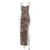 Casual Dresses European And American V-neck Slim Slit Open Back Holiday Chain Long Skirt Sexy Leopard Suspender