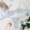 BHs Sets Sexy Blaue Blumen Und Höschen Set Für Frauen Erotische Slips Unterwäsche Dessous Mädchen Hohl Perspektive Bh Thongs