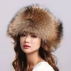 Mulheres reais Raccoon Fur Sheepskin Trapper Hat Winter Warm Flap Ski Cap