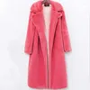 Dames bont winter dames faux jas elegante donzige pluche pluche revers overjas dik warme vrouwelijke harige bovenkleding roze lange jas