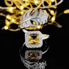 2022 Marka Düğün Takı Setleri Lüks 925 STERLING Gümüş Prenses Kes Sarı Topaz CZ Elmas Eternity Sarkla Küpe Açık Ayarlanabilir Tüy Yüzük Sevgili Hediye