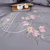 Ensembles de literie gris chinoiserie Chic ensemble de broderie florale coton égyptien doux respirant fermeture éclair housse de couette drap de lit taies d'oreiller