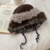 패션 가을 겨울 토끼 머리 니트 여성 모자 드로 스트링 패션 비니 여성 단단한 여성 버킷 캡을위한 부드러운 따뜻한 모자