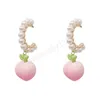 Pendientes colgantes de melocotón rosa de simulación fresca para mujer, bonitos pendientes de fruta de perla contraída, accesorios para niñas, joyería