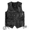 Men's Vests High Quality Mens Genuine Leather Motorcycle Vest Motor Biker Wasitcoat Black Real Cowhide Sleeveless Jacket Lace Up Slim Fit