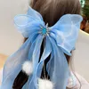 Hair Accessories Princess Pompom Big Blue Bows Clip For Kids Children Long Ribbon Duckbill Hairpins Girl School Hairgrips Headwear Gift