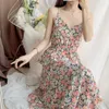 Party Dresses Long Sleeve Chiffon Spaghetti-Strap Floral Print Dress Female Summer Two-Piece Outfit Woman Vestido De Mujer Femme Robe