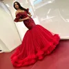 Sparkly Red Mermaid Prom Dress Sequined V-Neck Short Sleeve Ruffles Luxury Graduation Evening Gowns Robe De Mariage