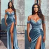 Afrikanisches staubiges blaues Meerjungfrau-Abendkleid mit Perlen, sexy Schatz-Hochschlitz-Abschlussballkleider für schwarze Mädchen 2023, Nachtpartykleid, Vestidos de Noche für besondere Anlässe