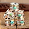 Cluster Rings Vintage Plated Two Tone Green Natural Stone Wide Ring for Women Boho Party Statement Fashion Jewelry Gift