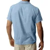 Erkekler Sıradan Gömlek Erkek Moda Üst Gömlek Düz Renk Cep Tek Göğüslü Pamuk ve Keten Kısa Kollu