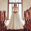 Graceful Satin Church A Line Dresses High Collar Long Sleeve Dress For Bridal Lace Appliques Top Ribbon Belt Wedding Gowns