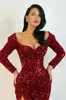 Robes de bal de sirène rouge foncé sexy manches longues pour femmes plus taille chérie pailled high côté fendre usure formelle robes de soirée d'anniversaire de soirée.