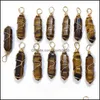 Arts And Crafts Gold Wire Wrap Natural Stone Charms Tiger Eye Pillar Shape Point Chakra Pendants For Jewelry Making Handmade Craft S Dhyqh