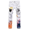 Jeans da uomo High Street Stampa a colori 3D Pantaloni bianchi neri Skull Graffiti Rock Style Elastic Slim Fit Jeans