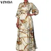 Plus Size Dresses VONDA 2022 Autumn Women Long Sleeve Maxi Vintage Floral Printed Holiday Sundress Robe Longues