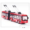 Diecast Model Cars Alloy Double Carriages Trolley Bus Boy Car Toy Lights Sound Plback 148 Scale Ornament Christmas Kid Birthday Gift Dhsup