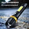 Waterproof LED Flashlight With COB Torches side light Rotary zoom 3 lighting modes Powered by 18650 battery for camping