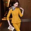 Kvinnors tvåbitar byxor Izicfly Style Autumn Spring Business Yellow Elegant Slim Office Ladies Suits Formal Set och Blazer Work Wear