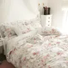 Sängkläder sätter bomull mjuk vit rosa blommor rose flickor set 3/4/7 st single double king cal duvet cover säng kjol kuddar