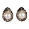 Stud Earrings 1 Inch Classic Water Tear Drop Charm Pave Golden Black Rhinestone Natural Freshwater Pearl Beads Women For Gift
