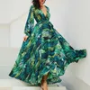 Casual Dresses Spring Autumn Dress Tropical Print Long Sleeve V Neck Vestidos Women Bohemian Holiday Vacation Party Beach Maxi