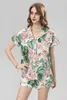 Kvinnors spårningsdräkter Högkvalitativa korta uppsättningar 2023 Spring Summer Fashion 2 Piece Set Ladies Green Leaves Pink Floral Print -skjortor Bältesdräkter