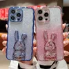 3D Rabbit Holder Posating Połączenia telefoniczne na iPhone 14 Pro Max 13 12 11 XR XS X 8 7 Plus Luksusowy papierowy papier Bling Glitter Sparkle Miękki Soft TPU Gradient Cover Gradient