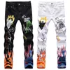 Jeans da uomo High Street Stampa a colori 3D Pantaloni bianchi neri Skull Graffiti Rock Style Elastic Slim Fit Jeans