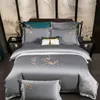 Bedding Sets Grey Chinoiserie Chic Floral Embroidery Set Egyptian Cotton Soft Breathable Zipper Duvet Cover Bed Sheet Pillowcases