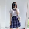 Clothing Sets Women Short Sleeve High Waist Pleated Skirts Plaid Skirt Sexy A-Line Dress For JK School Uniform Girls Students Women's