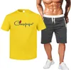 Nowe męskie dresy R unning zestaw oddychający T-Shirt szorty spodenki sportowe rękawy strój sportowy Fitness Jogging mężczyźni siłownia maraton ubrania marka LOGO drukuj
