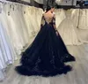 Яготые синие выпускные платья винтажные прозрачные длинные рукава A-Line Tule Lace Applique Crystal Вечерние платья Формальные Vestidos de 2023